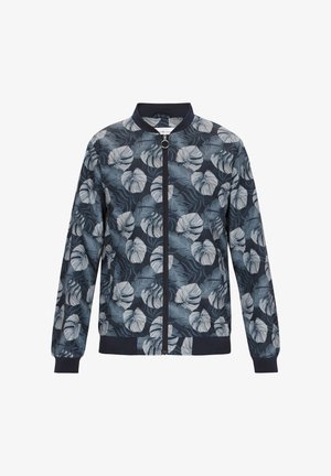 Granatowa kurtka bombowa w kwiatowy wzór z jasnoniebieskimi liśćmi. Zaprojektowana z zapięciem na zamek błyskawiczny, ściągaczami przy mankietach i kołnierzu.