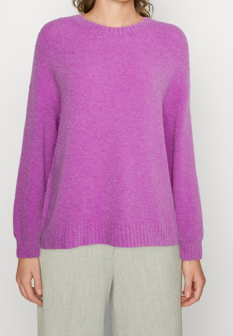 Pullover viola a maniche lunghe con scollatura rotonda, realizzato in un tessuto morbido. Presenta orlo e polsini a costine, abbinato a pantaloni grigi chiari.