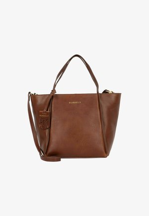 Braune Lederhandtasche mit einer konischen Form, ausgestattet mit kurzen Griffen, einem abnehmbaren Riemen und einem dezenten geprägten Logo-Tag. Reißverschluss in Goldoptik.