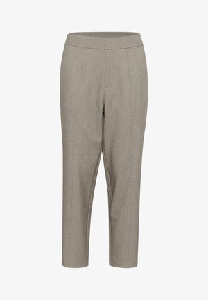 Pantaloni grigi a sigaretta con una morbida texture, dotati di vita piatta e due pieghe frontali; senza tasche né decorazioni.