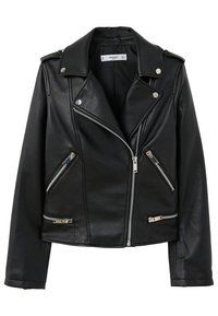 Giacca da moto in pelle nera con colletto a punte, chiusura con zip asimmetrica, due tasche frontali con zip e dettagli in metallo argentato.