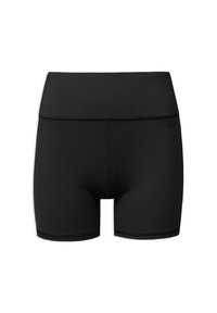 Pantaloni atletici neri realizzati in tessuto elasticizzato, caratterizzati da una vita alta e un design senza cuciture con dettagli di cucitura minimi.