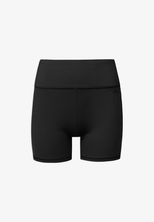 Zwarte sportshorts gemaakt van rekbare stof, met een hoge tailleband en een naadloos ontwerp met minimale stikseldetails.