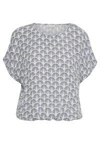 Top a maniche corte, dal taglio rilassato, realizzato in tessuto leggero con uno sfondo bianco e un intricato motivo a ventaglio nero e blu.
