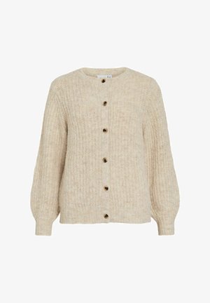 Beige Strickjacke mit langen Ballonärmeln und sechs braunen Knöpfen in der Mitte vorne.