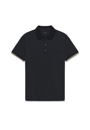 Schwarzes Poloshirt aus Baumwolle mit klassischem Kragen, Knopfleiste mit drei Knöpfen und gestreiften Akzenten an den Ärmeln. Eine Brusttasche.