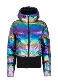 Iridescente pufferjack met een meerkleurige glanzende afwerking, zwarte ribbelzoom, ritssluiting en een capuchon met trekkoordverstellers.