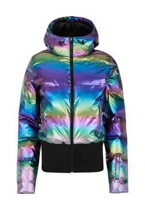 Iridescente Puffer-Jacke mit mehrfarbigem, glänzendem Finish, schwarzem geripptem Saum, Reißverschluss und Kapuze mit Kordelzugverstellern.