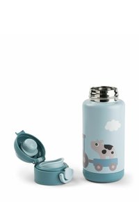 Roostevabast terasest veepudel, millel on helesinine mattviimistlus. Tal on taluteemaline kujundus, kus on lehm ja traktor. Pehme teal värvi kaas, millel on voolik.