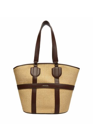 Borsa tote intrecciata beige con manici e rifiniture in pelle marrone scuro, con il logo "Badura" sulla fascia centrale anteriore.