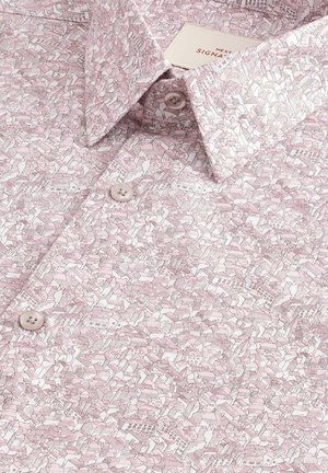 Kurzarmhemd mit einem pink-weißen Hausmuster, aus leichtem Stoff mit glatter Textur gefertigt. Klassischer Kragen und Knopfverschluss.