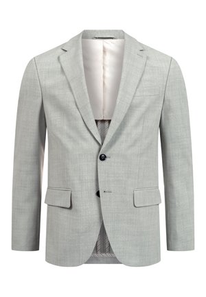 Chaqueta de traje para hombre de color gris claro con dos botones negros, solapas con muesca, bolsillos de solapa y forro interior de color claro.