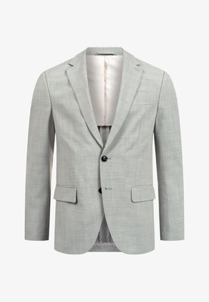 Chaqueta de traje para hombre de color gris claro con dos botones negros, solapas con muesca, bolsillos de solapa y forro interior de color claro.