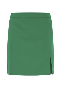 Grön kjol med rak form, tillverkad av mjukt tyg. Har en sidospalt och en enkel midjebandsdesign.