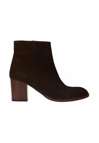 Braune Wildleder-Ankle Boots mit runder Zehenpartie, seitlichen Nähten und einem strukturierten braunen Blockabsatz. Glatte Außensohle, minimalistisches Design.