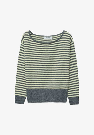 Stripet sweater i grå og lys gul. Har en bred halsudskæring og lange ærmer. Lavet af blødt, tekstureret stof med en afslappet pasform.