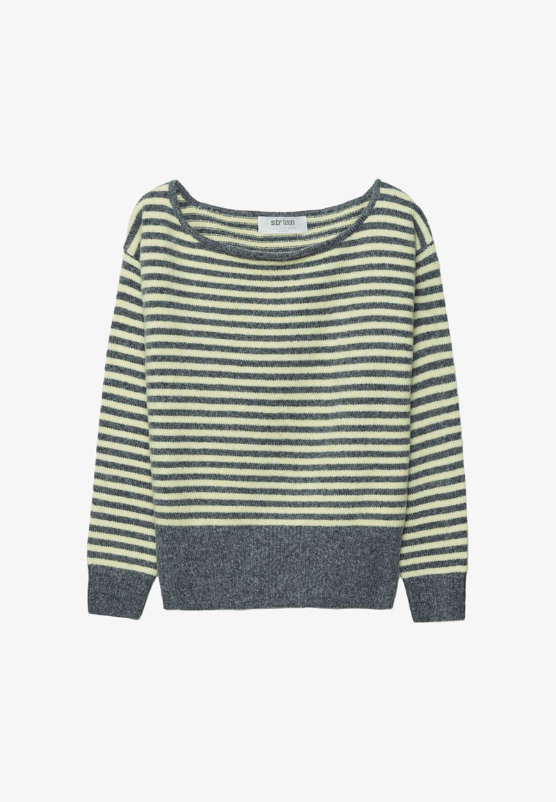 Pruhovaný sveter v sivej a svetlo žltej farbe. Má široký výstrih a dlhé rukávy. Vyrobený z mäkkej, textúrovanej látky s voľným strihom.