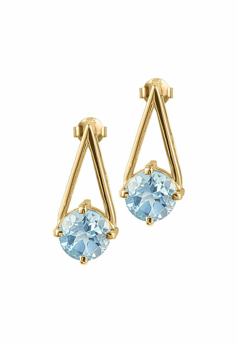 Orecchini oro con un design geometrico, caratterizzati da un fungo rotondo di pietra blu chiaro sospeso all'interno di una cornice triangolare.