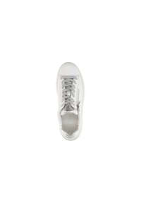 White sneaker with a smooth leather upper, silver accents, and textured laces. Features a rounded toe and a zip detail on the side.