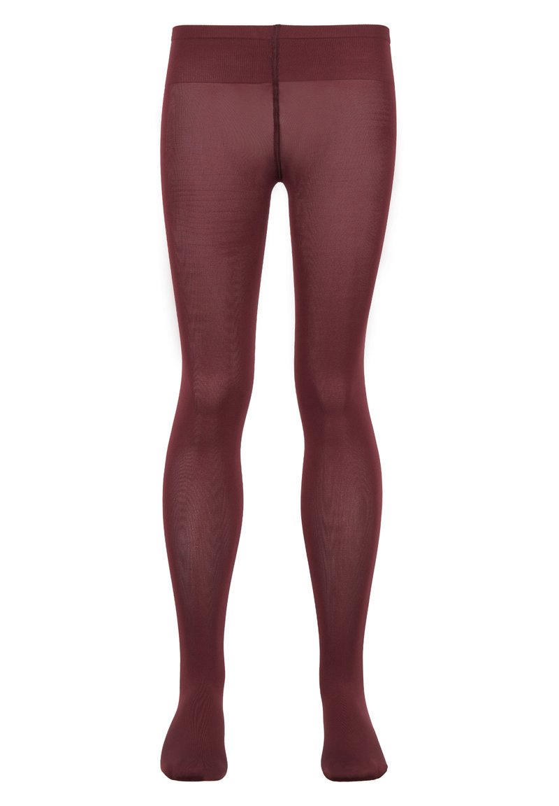 Collant bordeaux realizzati in tessuto sottile e liscio con un design senza cuciture. Presentano un alto punto vita e punte chiuse.