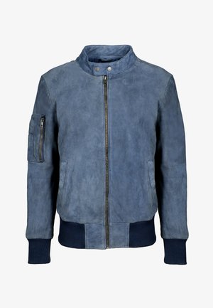 Veste bomber en cuir bleu avec fermeture éclair à l'avant, poignets et col côtelés. Elle possède une poche zippée sur la manche et une texture lisse.