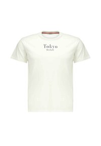 T-shirt blanc à manches courtes en coton, avec un col rond. Imprimé sur le devant avec "Tokyo Deluxe" en texte gris. Texture lisse.