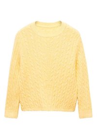 Keltainen kaarrokepalmikkoneulepusero pyöreällä kaula-aukkolla ja pitkillä hihoilla, jossa tekstuuriset kuviot ja lyhyt istuvuus. Pehmeä, mukava materiaali.
