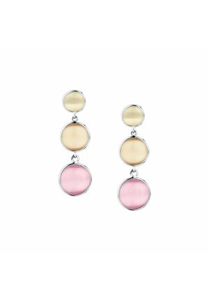 Orecchini pendenti con montatura in argento con tre pietre circolari collegate, le due superiori in tonalità beige e quella inferiore in rosa trasparente.