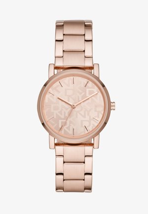 Rosegold Metallarmbanduhr mit rundem Gehäuse, einem gemusterten Zifferblatt mit "NY"-Logos und einem verlinkten Armband.