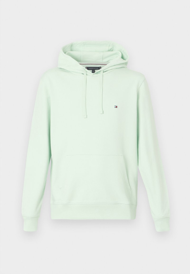 Mintgroene hoodie van zachte stof, voorzien van een voorzak, koordjes en een klein geborduurd logo op de linkerborst.