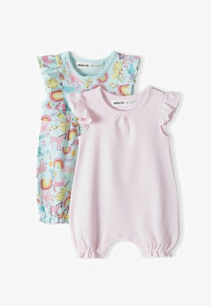 Deux grenouillères pour bébé : l'une avec un imprimé d'animaux colorés et de rayons de soleil sur un fond bleu clair, et l'autre avec un design à rayures rose clair uni.