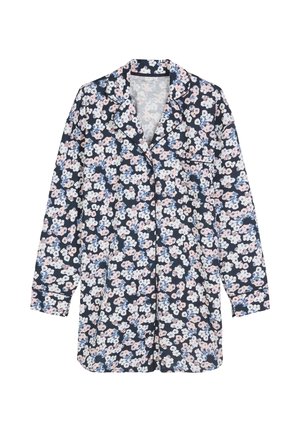 Granatowa bluzka od piżamy w kwiaty z jasno-różowymi i niebieskimi kwiatami. Długie rękawy, zapięcie na guziki z przodu, kołnierzyk i kieszeń na piersi. Materiał bawełniany.