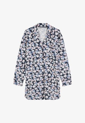 Top pigiama floreale blu navy, con fiori rosa chiaro e azzurri. Maniche lunghe, chiusura con bottoni sul davanti, colletto e taschino sul petto. Materiale in cotone.