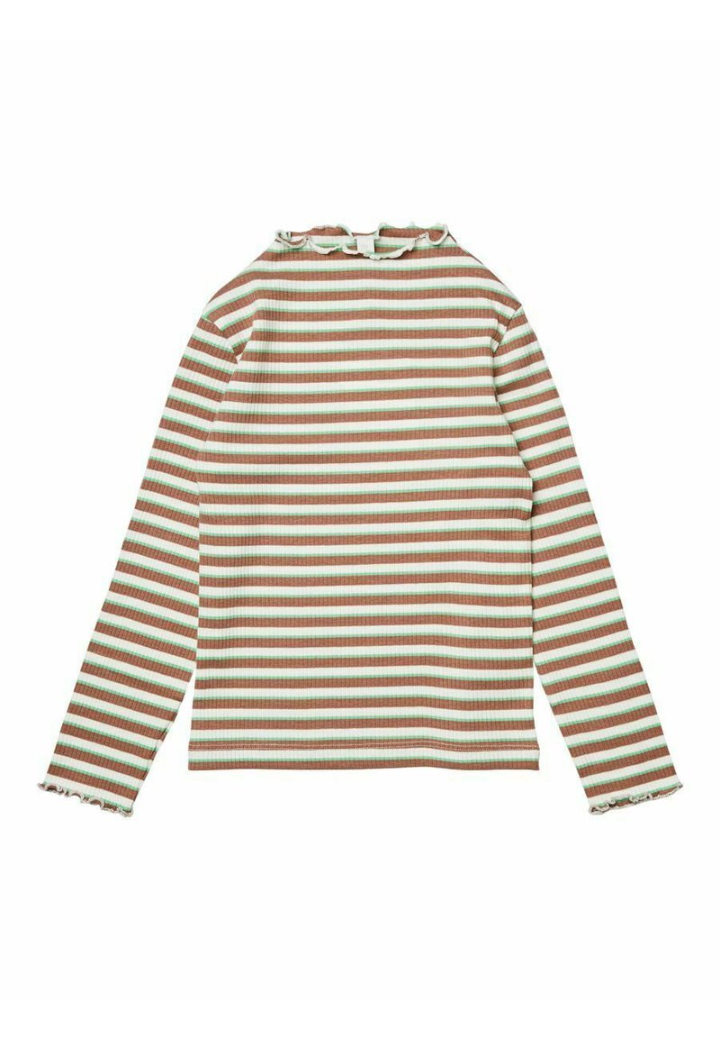 Bluzka z długim rękawem z falbaniastym kołnierzykiem, w poziome pasy w kolorze brązowym i miętowym, wykonana z prążkowanego materiału z postrzępionymi mankietami.