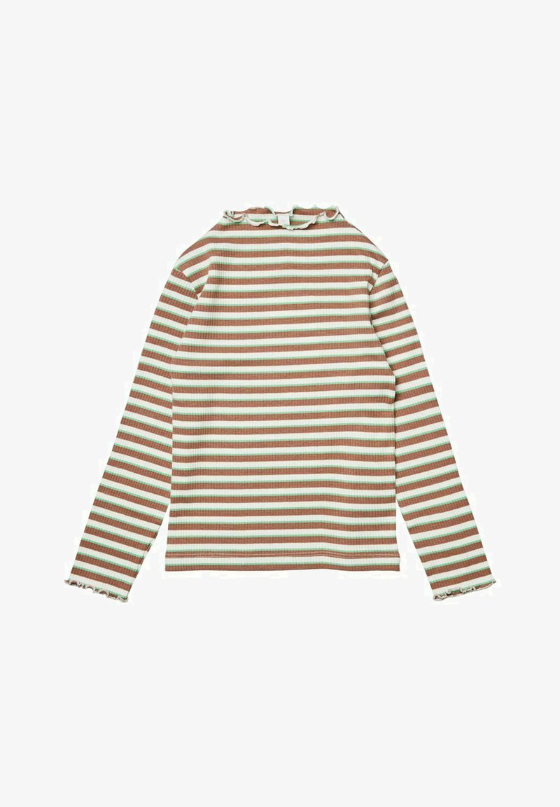 Bluzka z długim rękawem z falbaniastym kołnierzykiem, w poziome pasy w kolorze brązowym i miętowym, wykonana z prążkowanego materiału z postrzępionymi mankietami.
