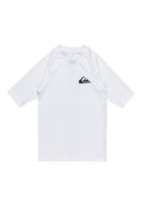 Weißes Kurzarm-Rashguard aus leichtem, dehnbarem Material. Verfügt über ein kleines schwarzes Logo auf der linken Brustseite.