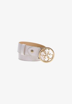 Ceinture en simili cuir blanc avec une boucle ronde en ton doré présentant un design entrecroisé en forme de "G" et une sangle réglable avec fermeture à pression.