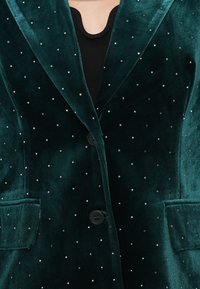 Βελούδινο πράσινο σακάκι με ασημί διακοσμητικά, με κομμένο γιακά και μια μαύρη κουμπί. Διαθέτει δύο μπροστινές τσέπες και μαλακή υφή.