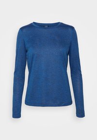 T-shirt a maniche lunghe in tessuto blu melange, con scollo rotondo e una texture liscia e leggera.