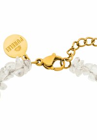 Klarer Kristallperlenarmband mit einer goldfarbenen Metallkette und einem Umklappverschluss. Besitzt einen runden goldenen Anhänger mit der Prägung "PURETAL".