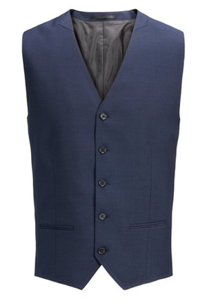 Navy blue vest made from smooth fabric with five buttons and two side pockets, featuring a notched lapel and a lined interior.