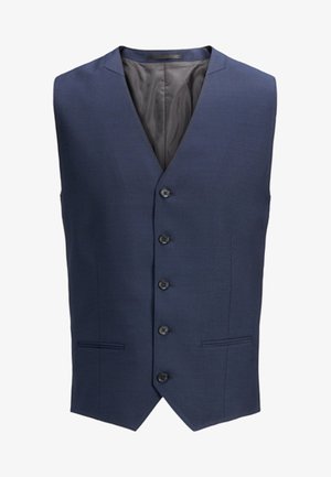 Gilet blu navy realizzato in tessuto liscio con cinque bottoni e due tasche laterali, con rever a punta e foderato all'interno.