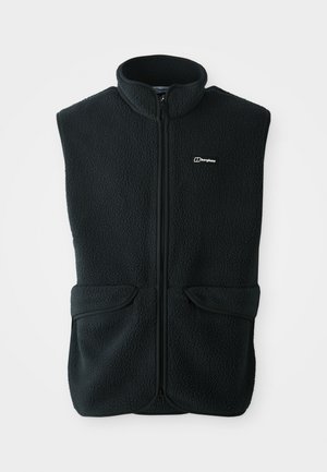 Black fleece vest featuring a high collar, front zipper, and two side pockets. Textured fabric and contrasting trim along edges.