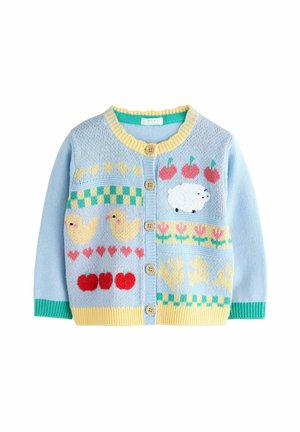 Hellblauer Strickcardigan mit gelben Akzenten, der bunte Tier- und Obstmuster zeigt, fünf Knöpfen sowie gerippten Bündchen und Saum.