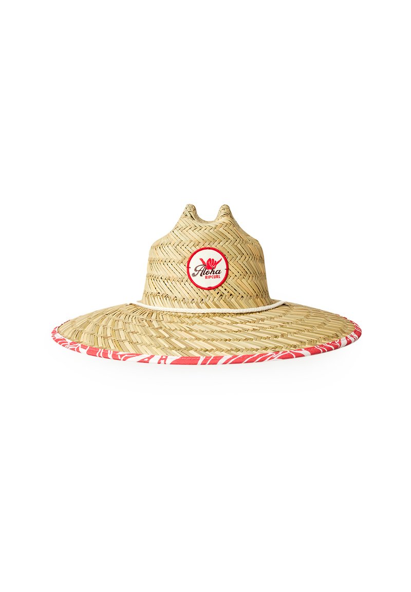 Cappello da sole in paglia con ampia visiera, materiale intrecciato color tan, accento a motivo rosso sul bordo e un logo circolare con la scritta "Aloha RIP CURL" sul davanti.