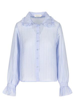 Helehall sinine pika varrukaga pluus, valgete vertikaalsete triipudega, volditud krae, nööpidega eesmine osa ja volditud mansettidega.