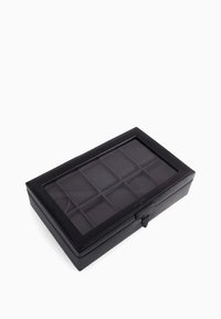 Black jewelry box with a transparent lid, featuring a textured surface, 12 compartment dividers, and a secure clasp closure.