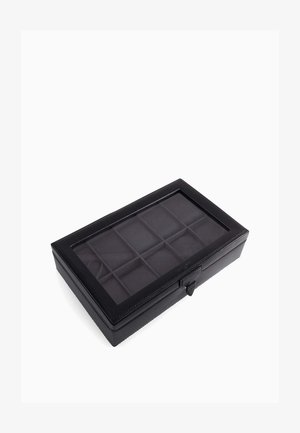 Schwarze Schmuckbox mit transparentem Deckel, mit strukturiertem Oberflächen, 12 Fächertrennwänden und einem sicheren Verschluss.