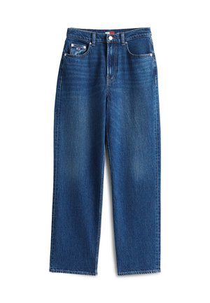 Modré rifle s rovnými nohavicami, piatimi vreckami, pútkami na opasok a predným zapínaním na gombíky, zobrazené položené na bielom pozadí.