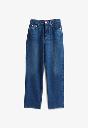 Modré rifle s rovnými nohavicami, piatimi vreckami, pútkami na opasok a predným zapínaním na gombíky, zobrazené položené na bielom pozadí.